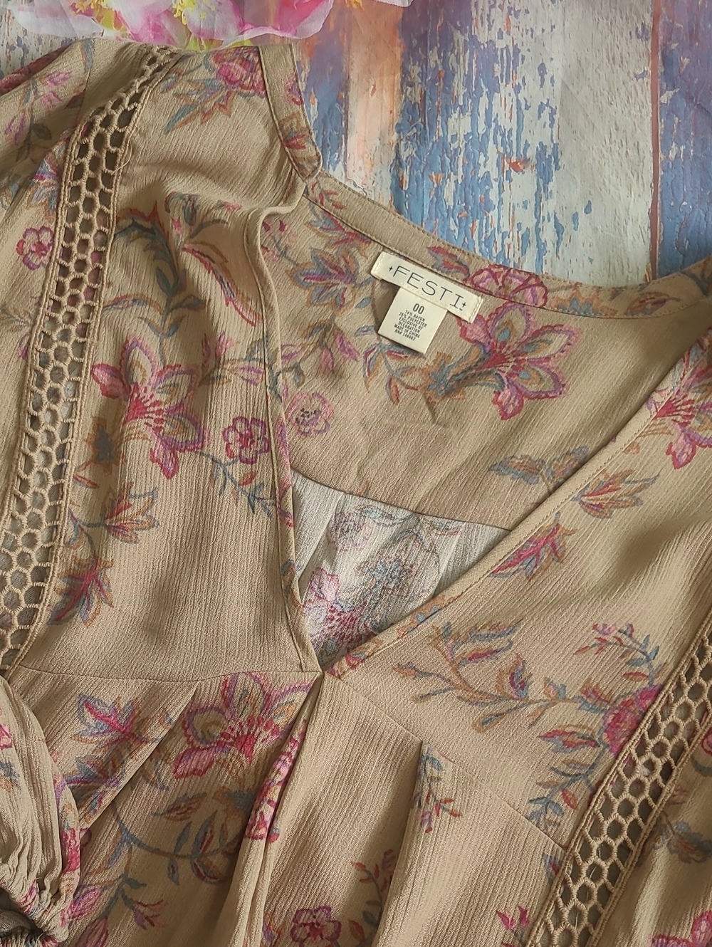 Festi Gauze LS Tunic .. 00 .. Floral Taupe .. NWT